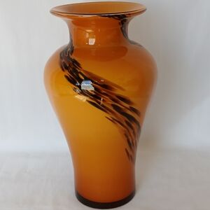 Murano Glass Vase Brown Amber Butterscotch  with Black Gold  Swirl Design Tall
